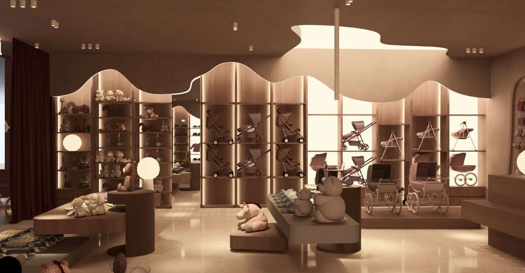 Children's shop with wave-shaped shelving and prams