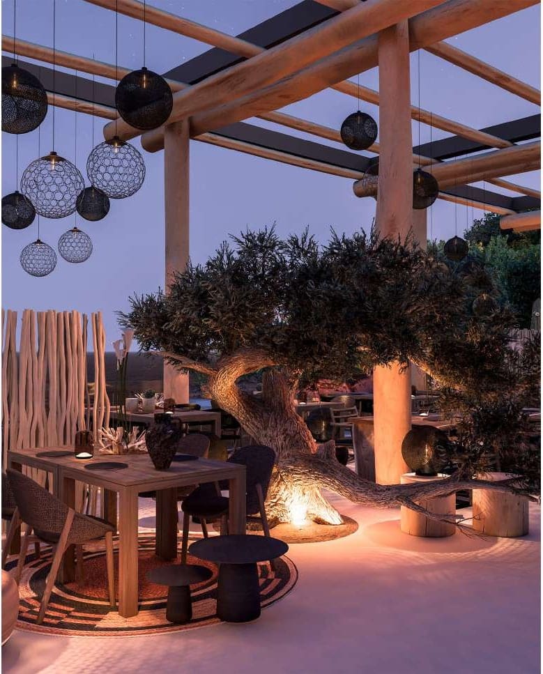 Terrace with a pergola, hanging lamps and an olive tree