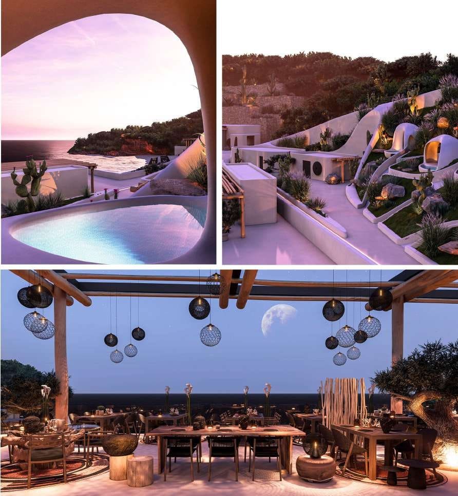 Pool under a rounded opening and a terrace at dusk