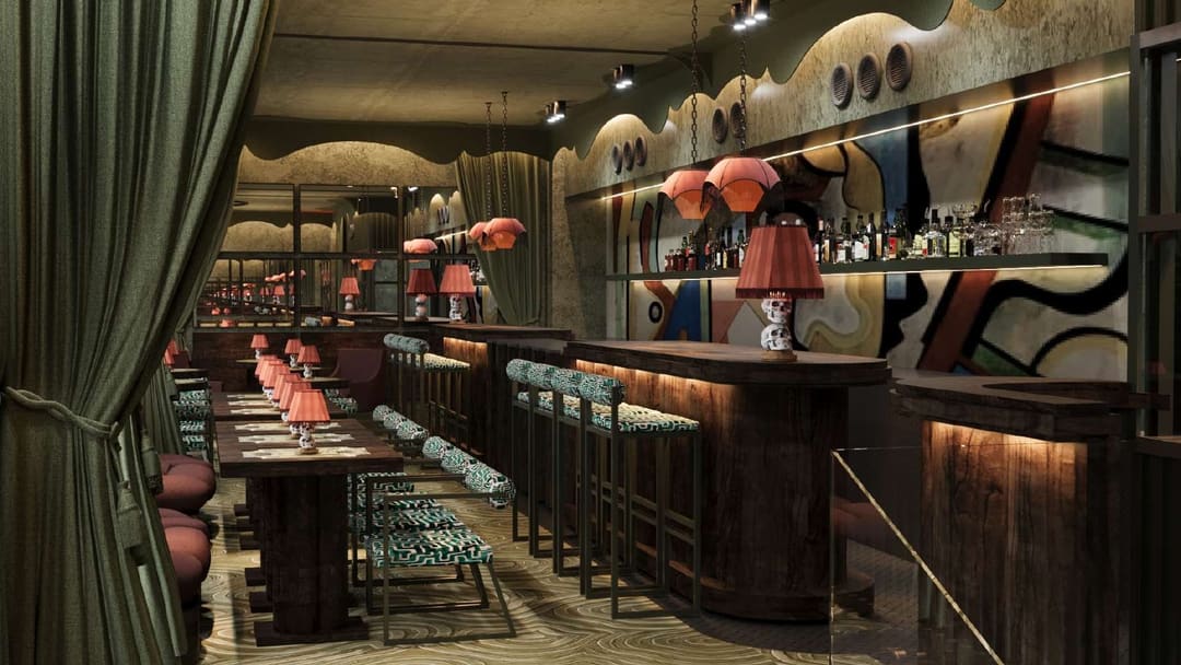Restaurant with green curtains, pink lamps and a bar
