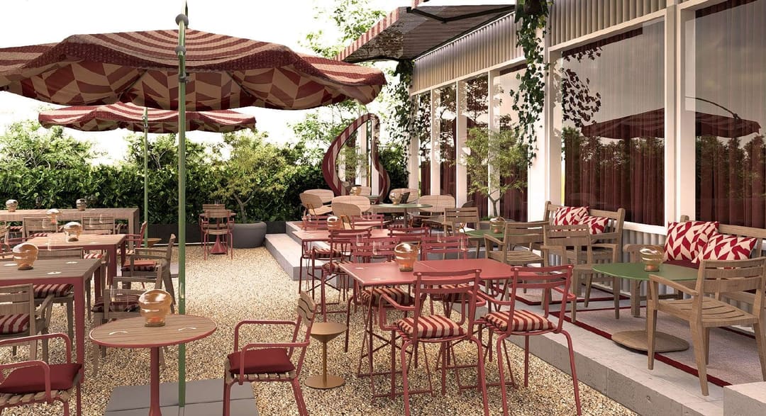 Garden terrace with striped parasols and red chairs