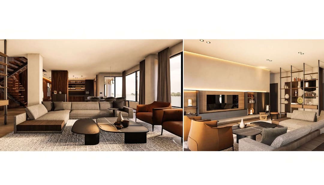 Two views of the living room with a staircase and timber library