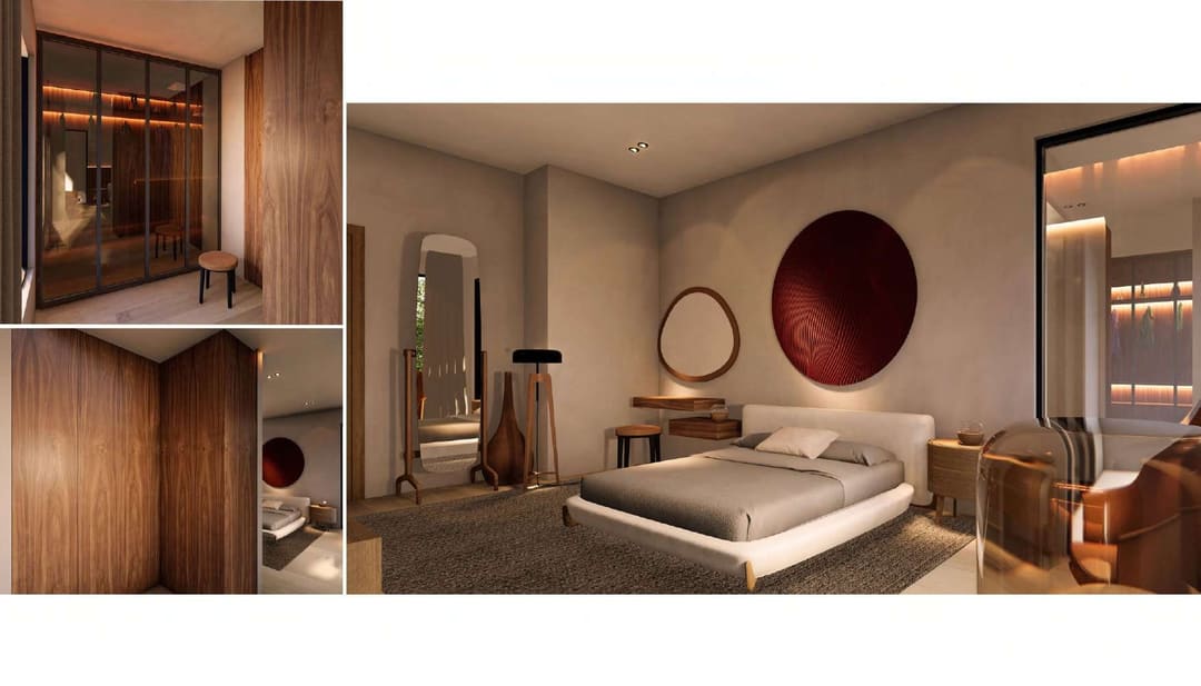 Bedroom with a burgundy round panel and a wardrobe with lit shelves