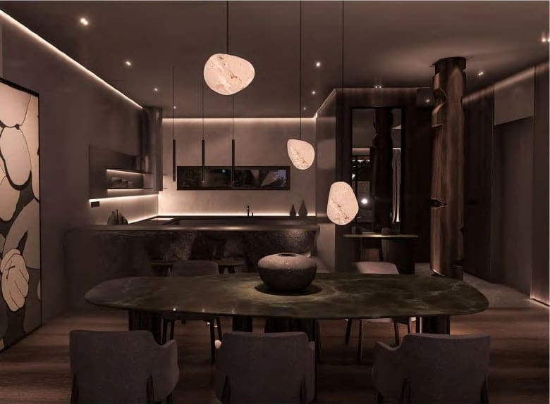 Dining room with a dark table and a floral artwork