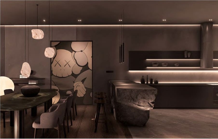 Dining room and kitchen with a stone island