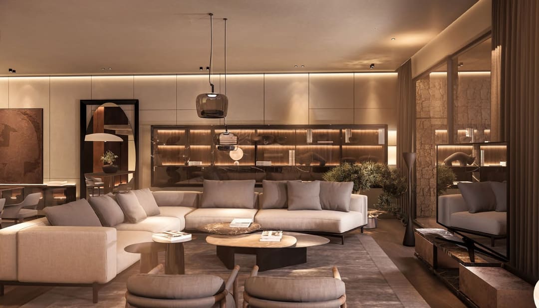 Living room in beige tones with lit display cabinets