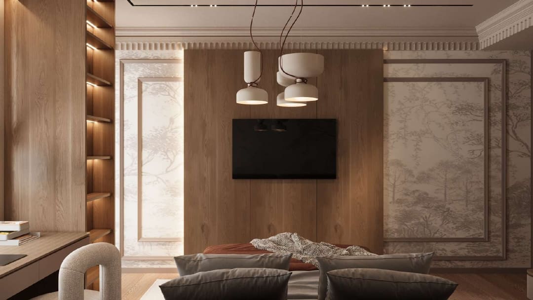 Bedroom with a timber wall and tree-motif wallpaper