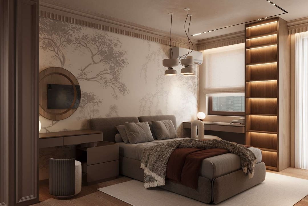 Bedroom with a round mirror and a lit wardrobe