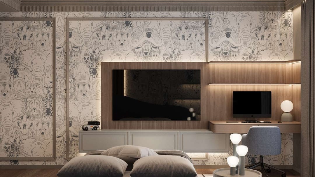 Children's room with animal wallpaper and a desk