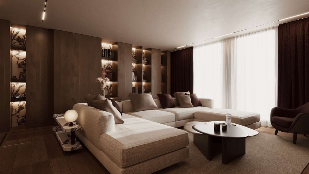 Living room in brown tones with a light sofa