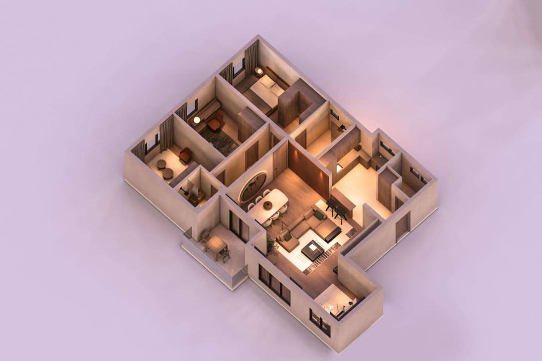 Axonometric cutaway of the apartment with furniture