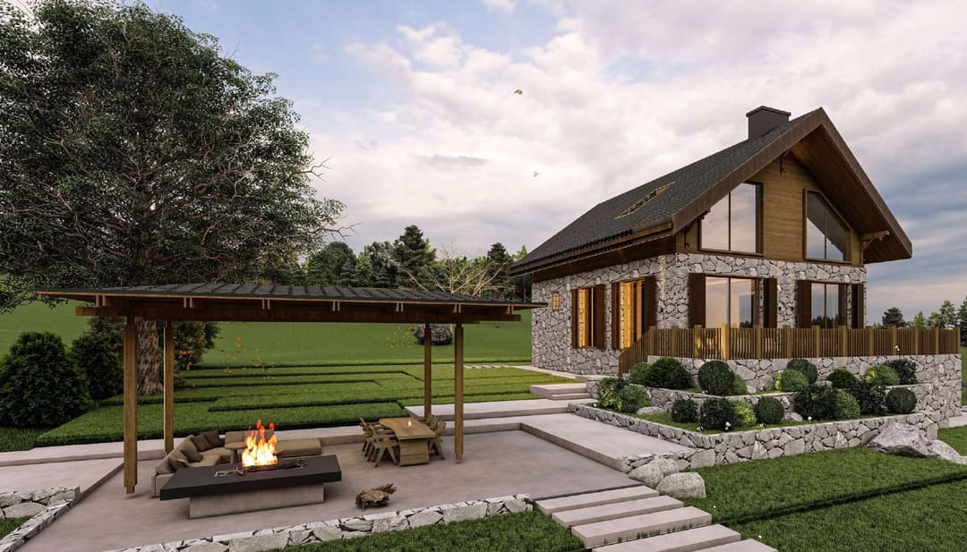 Pergola with a fire pit in front of the stone cottage